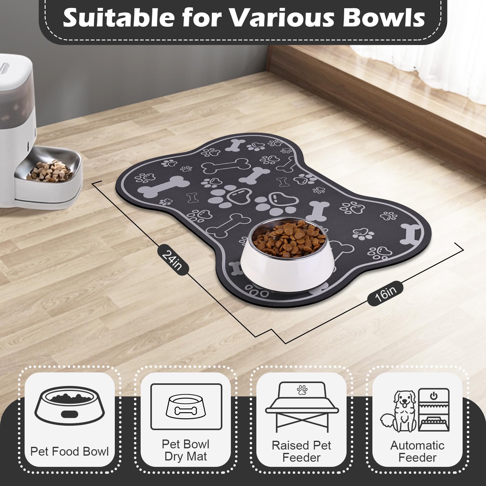 Voanos 16x24 mat fits standard bowls for a tidy space