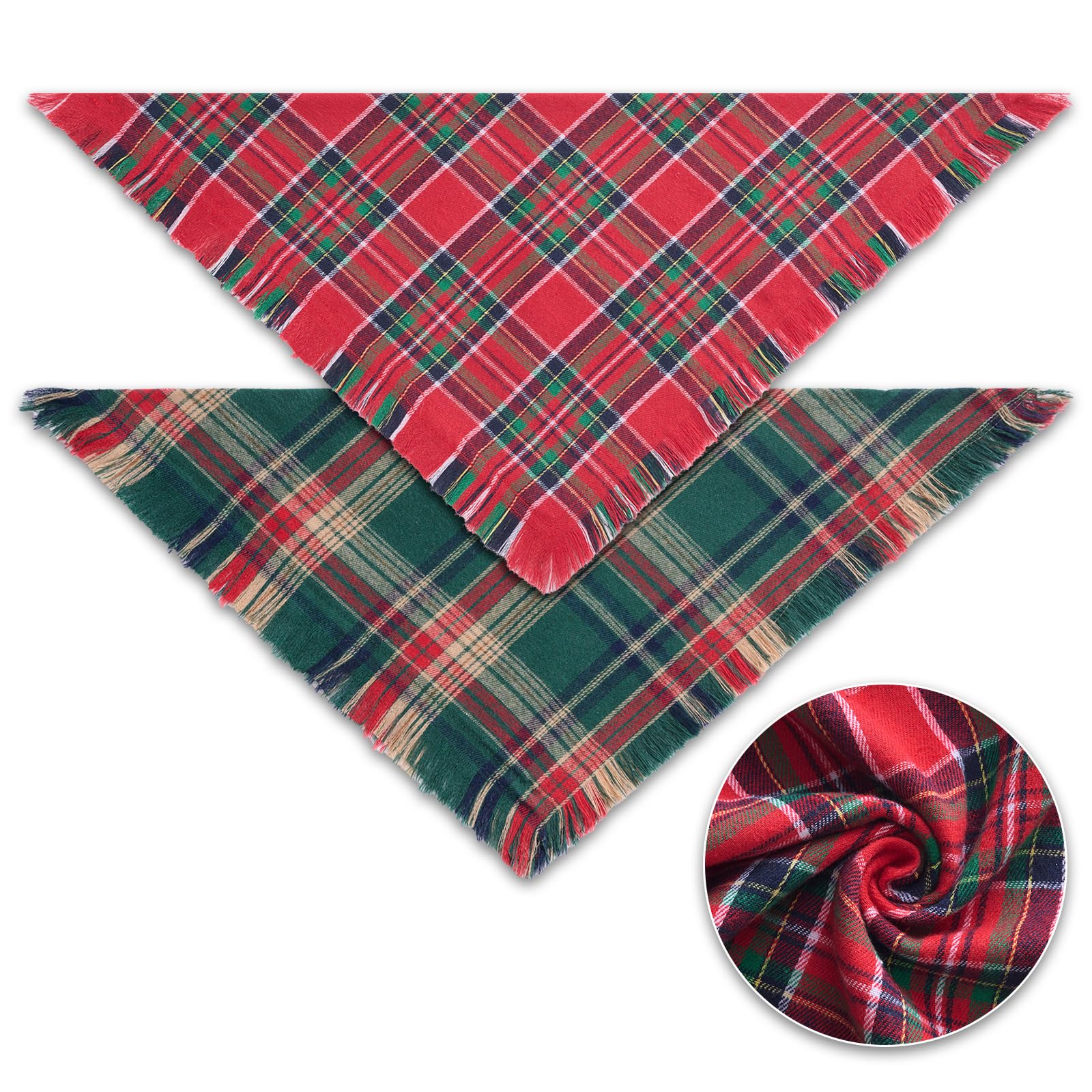 VOGUSON two-pack dog bandanas red plaid and green plaid offer versatile holiday looks.