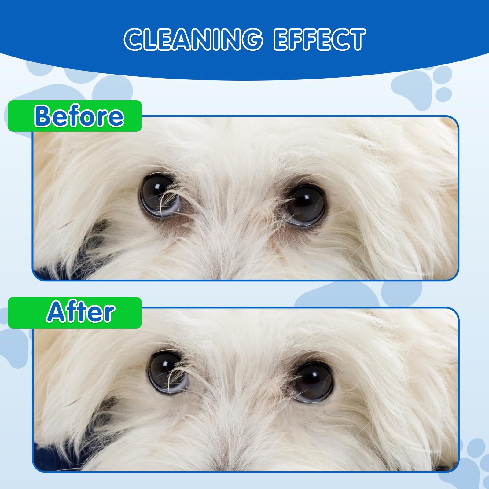 Textured VOISEN pad gently removes debris around a dog's eye