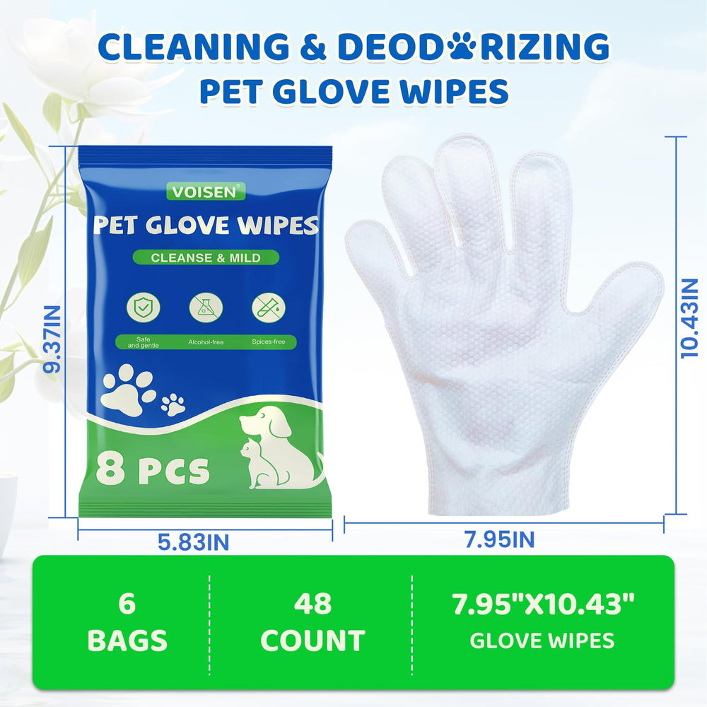 VOISEN Pet Glove Wipes dimensions highlight large size for thorough cleaning.