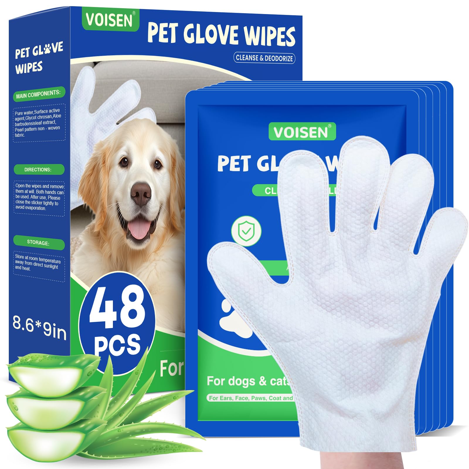 VOISEN Pet Glove Wipes packaging shows convenient reseal for quick pet cleaning.