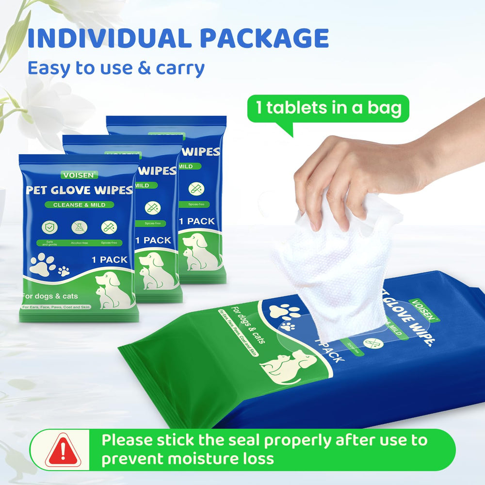 VOISEN Pet Glove Wipes travel care shows compact, portable wipes for busy days.