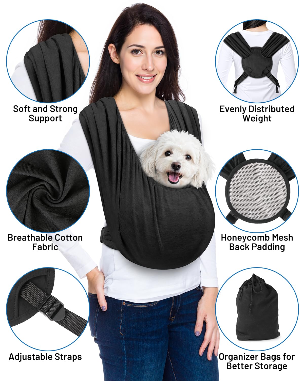 Vokvaktak dog sling adjustable straps demonstrates customizable fit for wearer height
