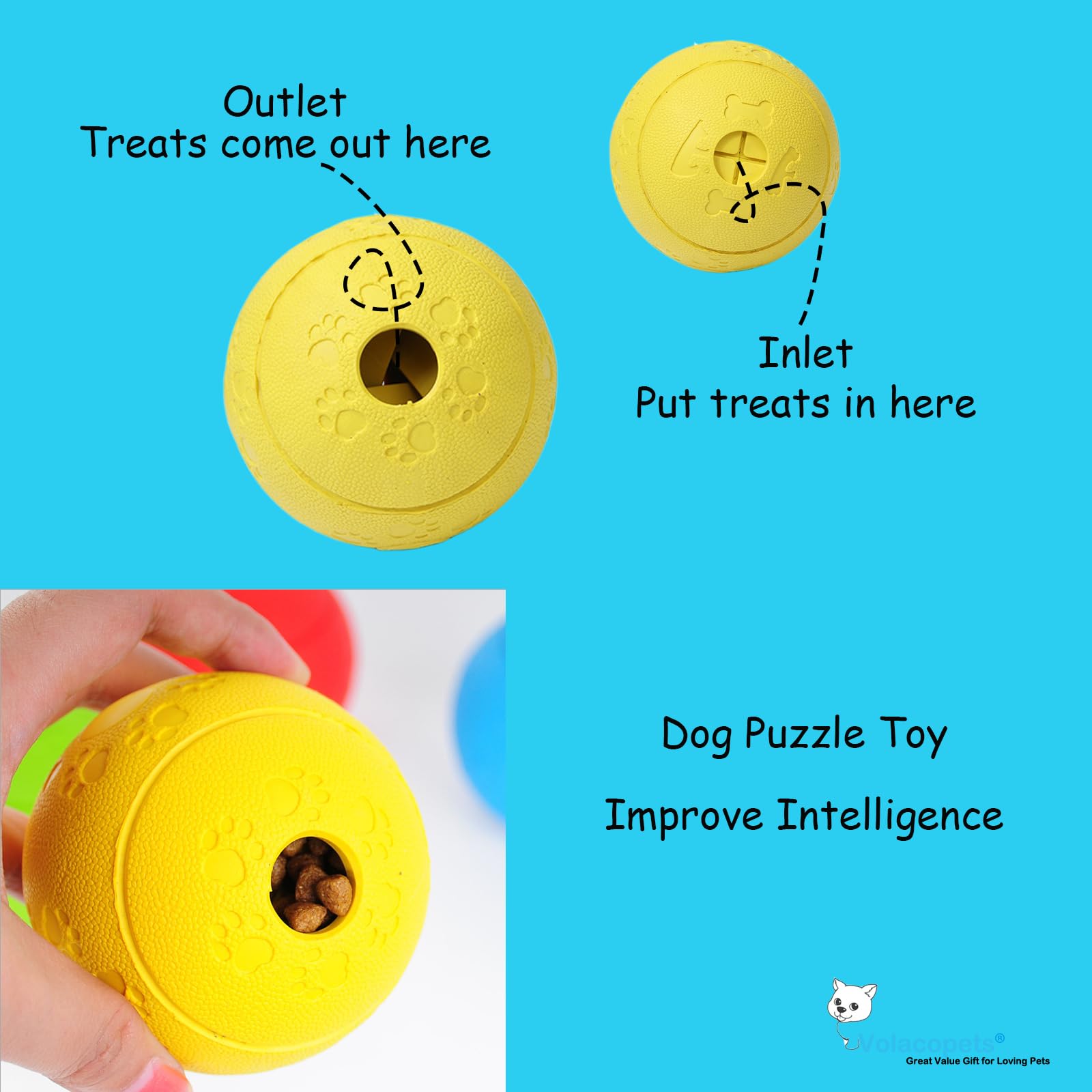 Volacopets treat-dispensing-ball dog toy aids enrichment during training.