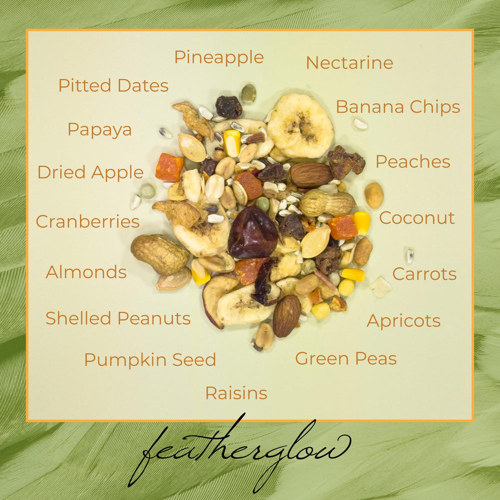 Volkman Seed Featherglow Parrot Treat packaging emphasizes a clean blend of premium ingredients
