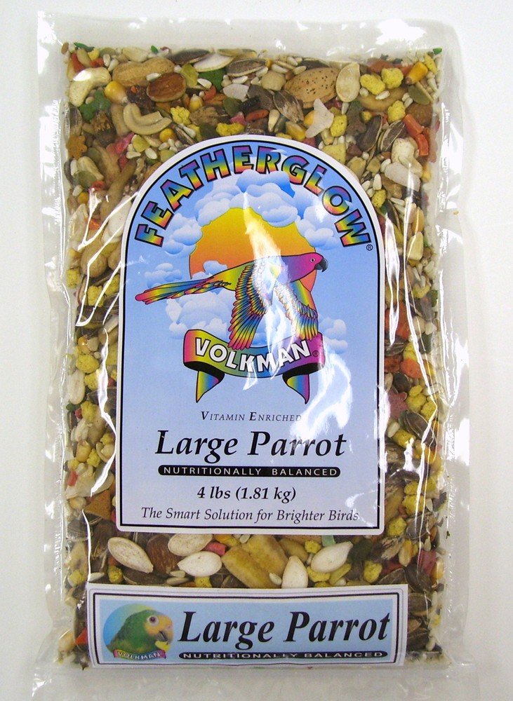 Volkman Seed Featherglow Large Parrot 4lb bag offers balanced nutrition and enrichment for parrots.
