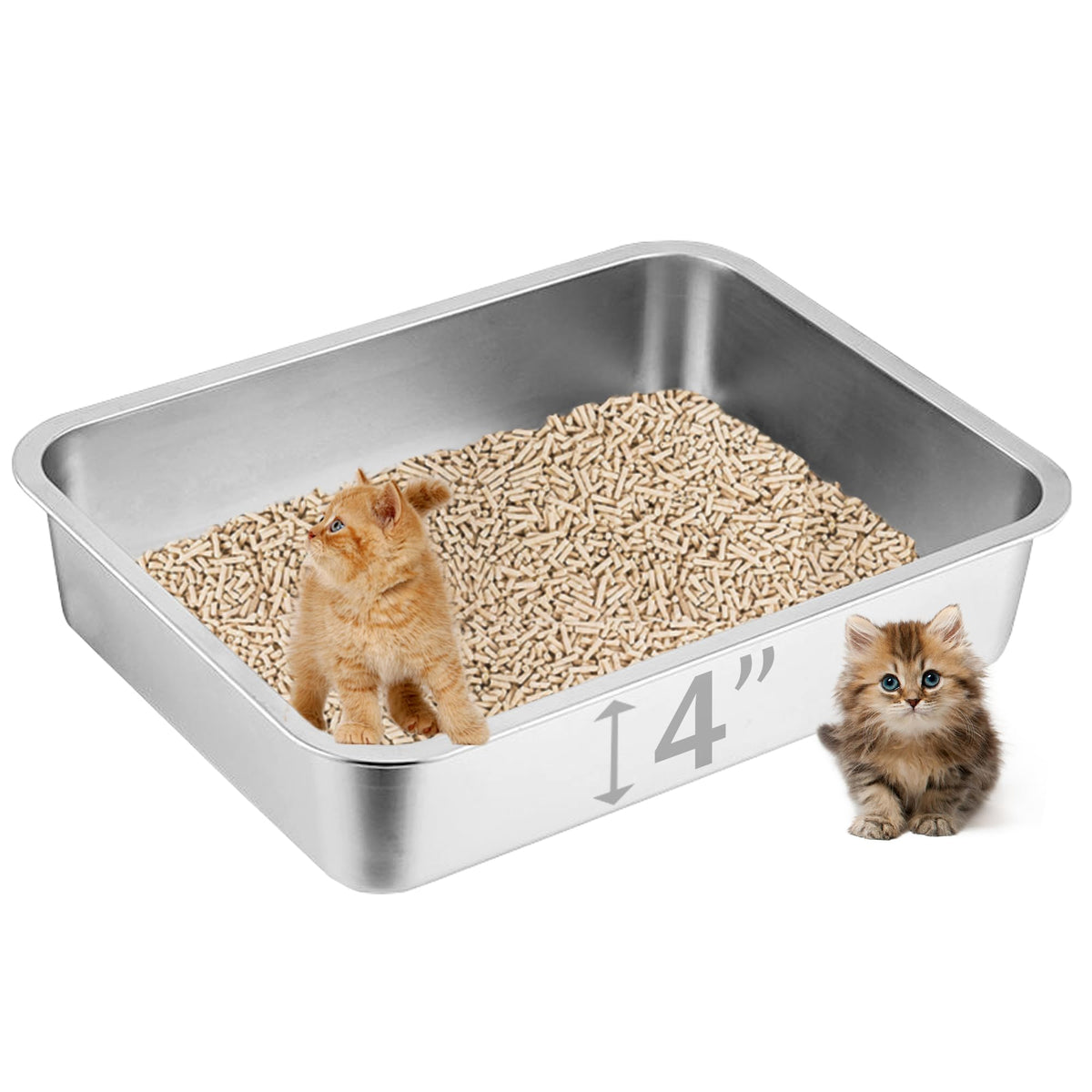 Volope stainless-steel cat litter box front view shows kitten-friendly size and durability.