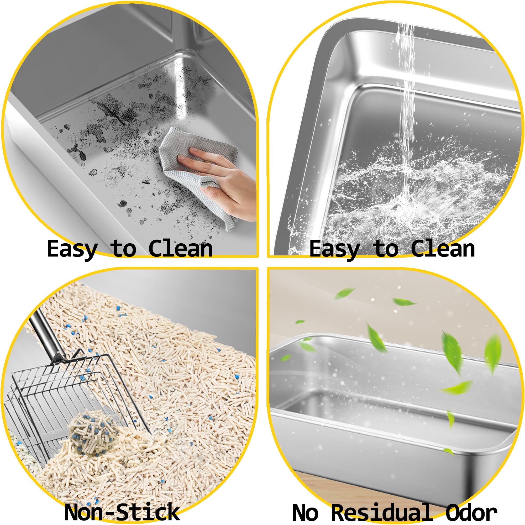 Volope stainless-steel cat litter box rolled-edges close-up highlights burr-free safety.