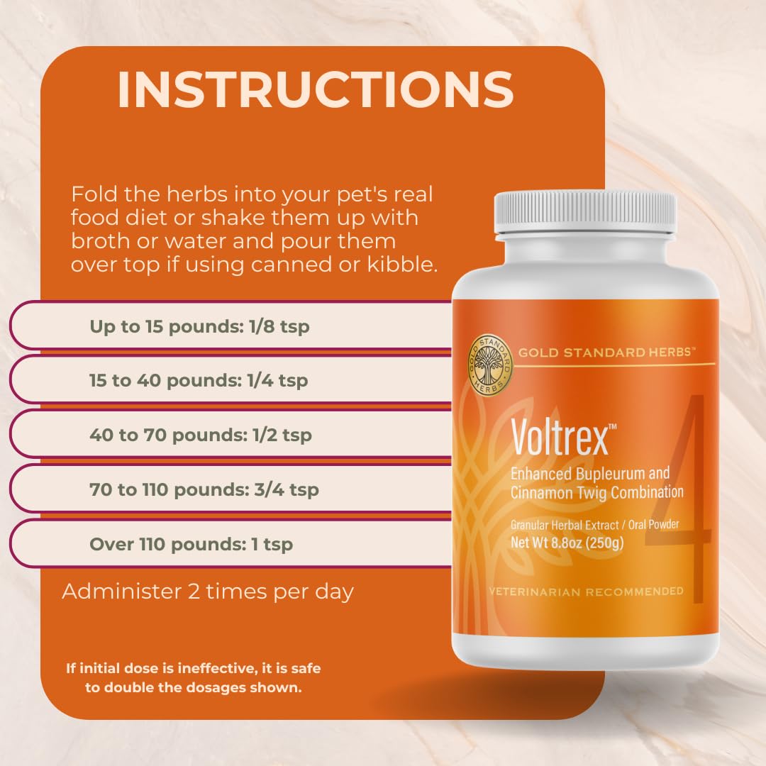 Voltrex powder shown near a dog's meal to support mobility.