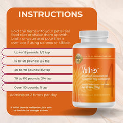 Voltrex powder shown near a dog's meal to support mobility.