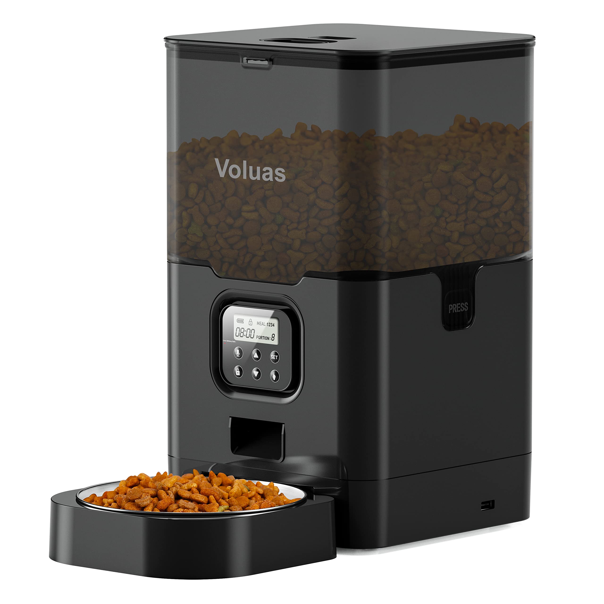 Voluas cat dry food dispenser front view enables scheduled meals for consistent feeding.