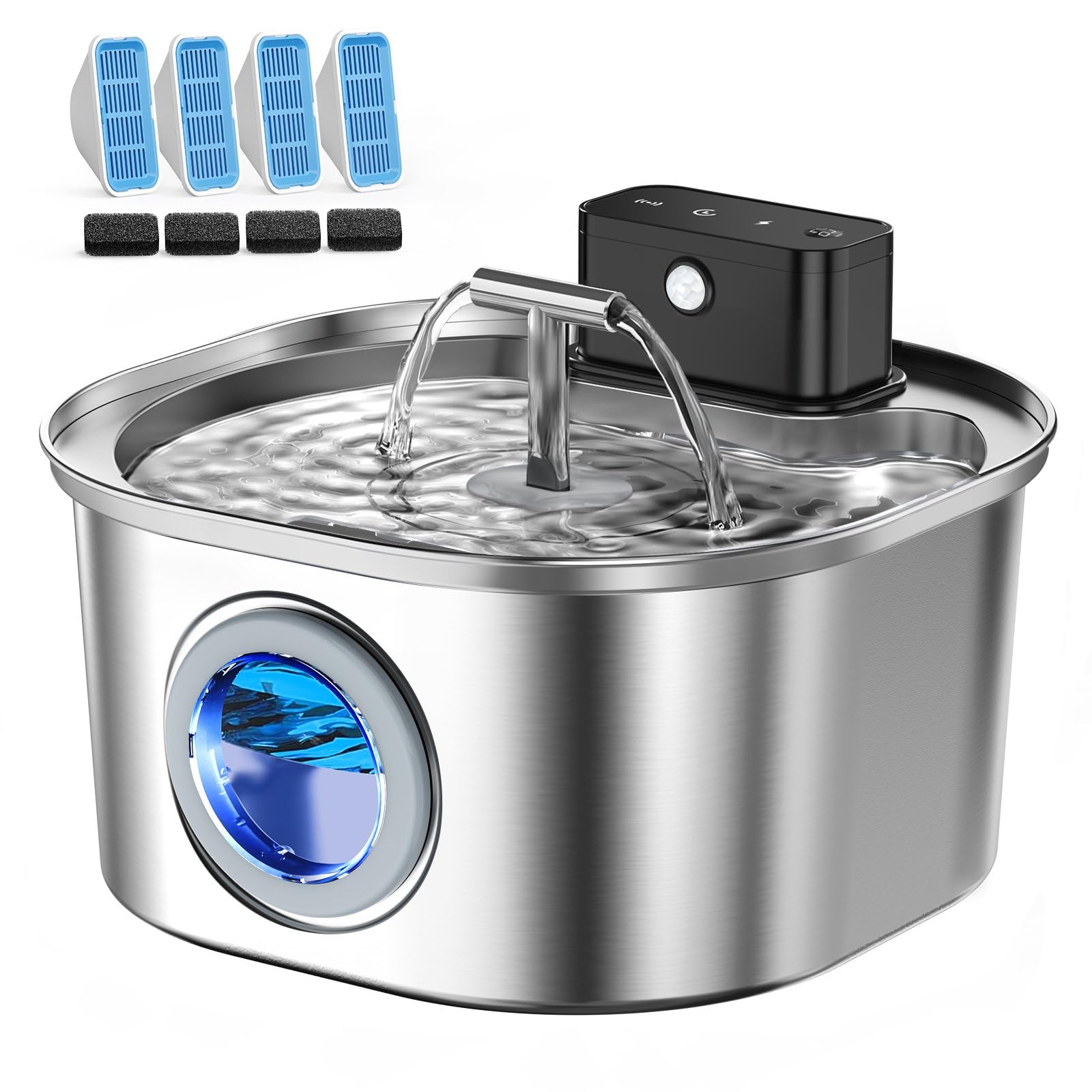 Voluas cat water fountain front view in stainless steel showing modern design for clean hydration