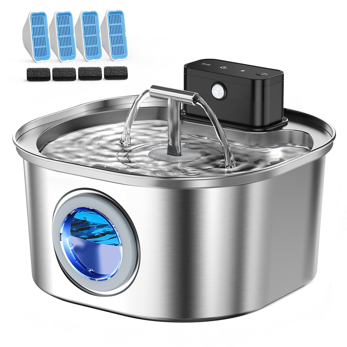 Voluas cat water fountain front view in stainless steel showing modern design for clean hydration
