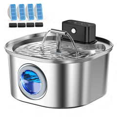 Voluas cat water fountain front view in stainless steel showing modern design for clean hydration