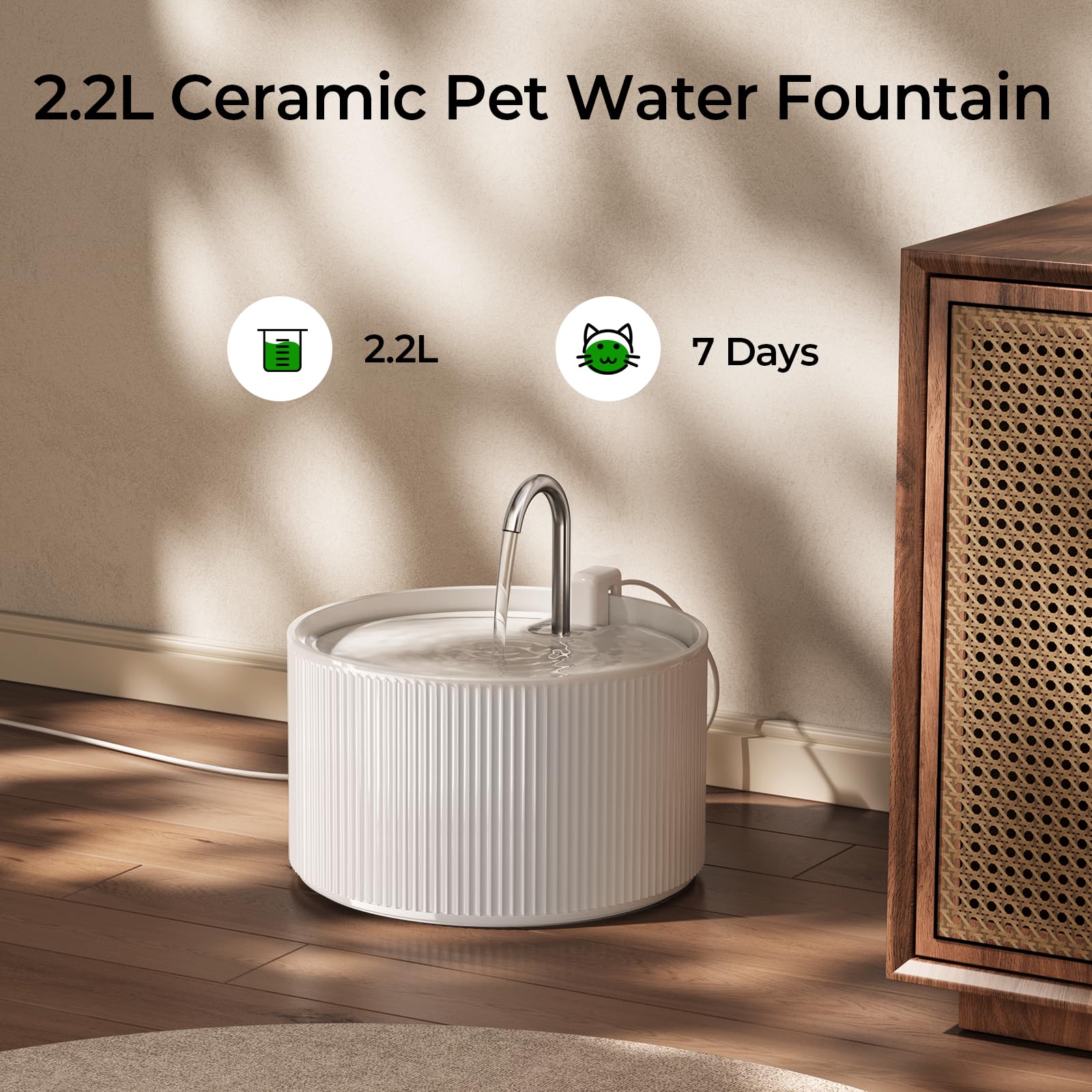 Voluas ceramic cat water fountain 2.2L capacity suitable for regular cat hydration.