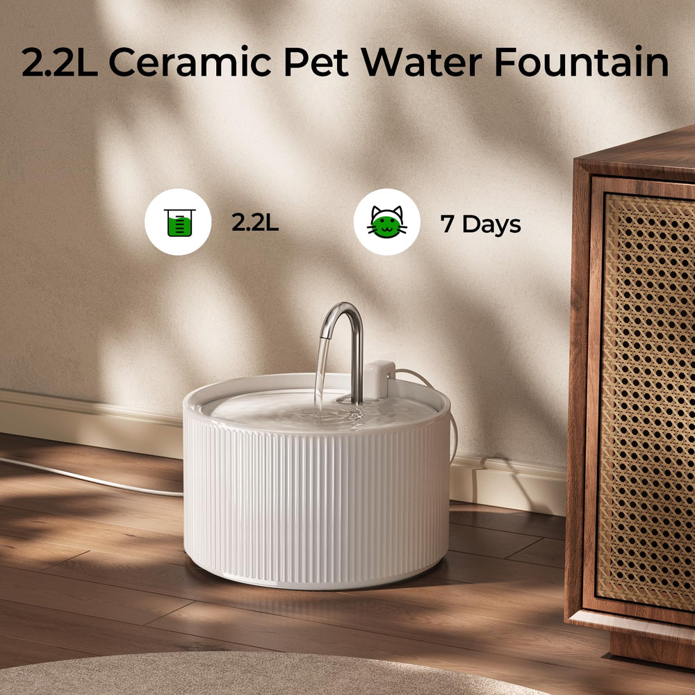 Voluas ceramic cat water fountain 2.2L capacity suitable for regular cat hydration.