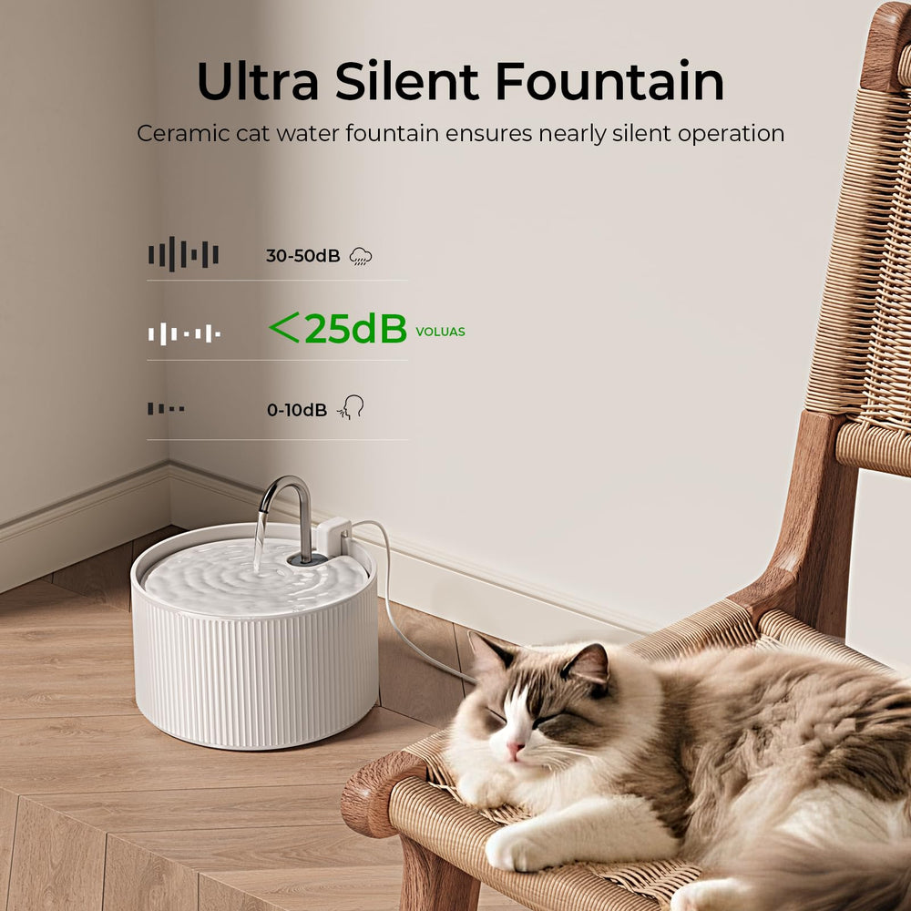 Voluas ceramic cat water fountain top view highlights compact footprint for indoor setups.