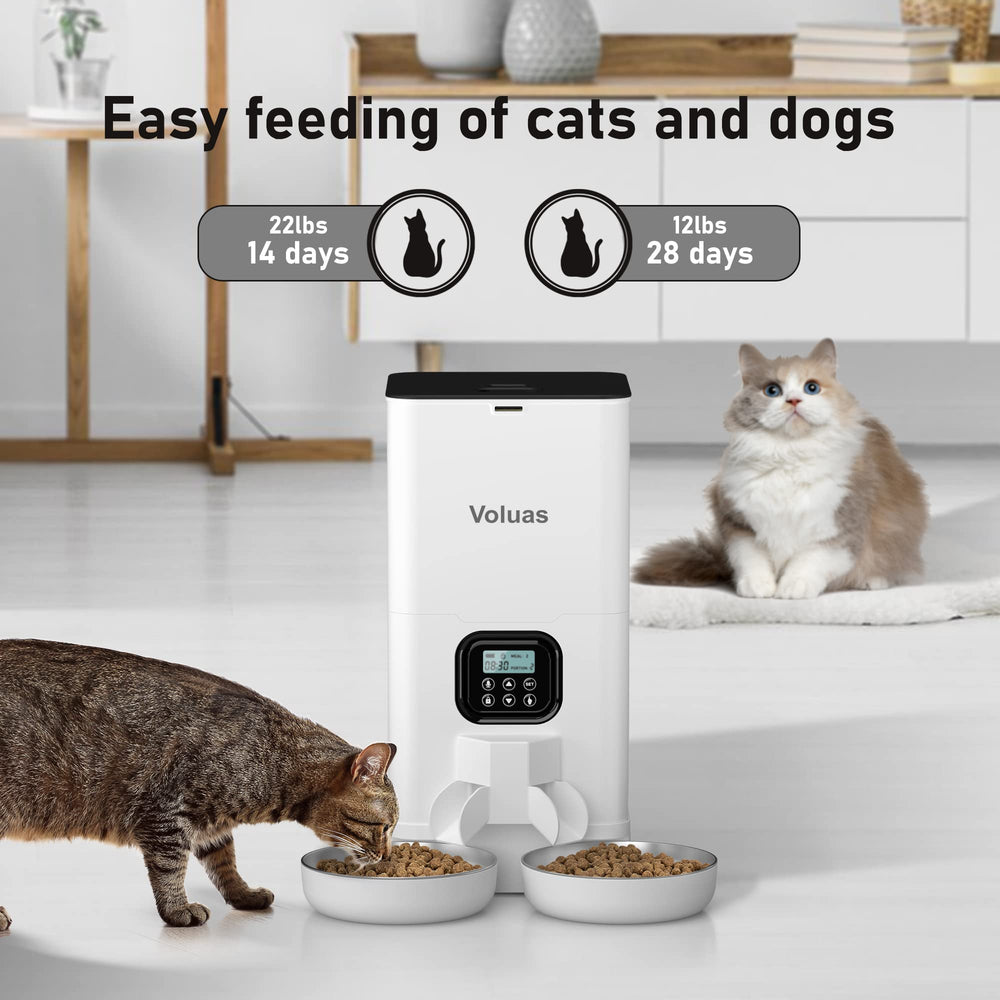 Voluas double cat feeder with two bowls highlights even portions for both cats during mealtime.