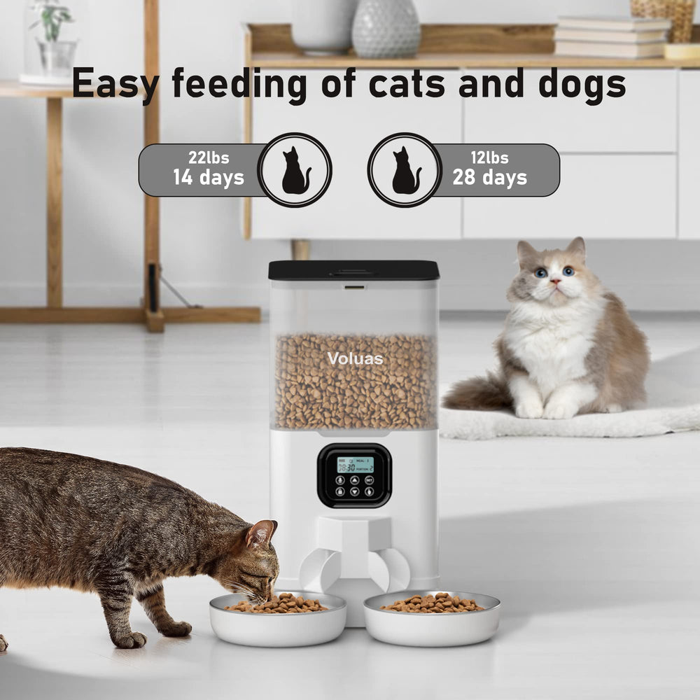 Voluas double cat feeder meal divider keeping portions balanced for two cats.