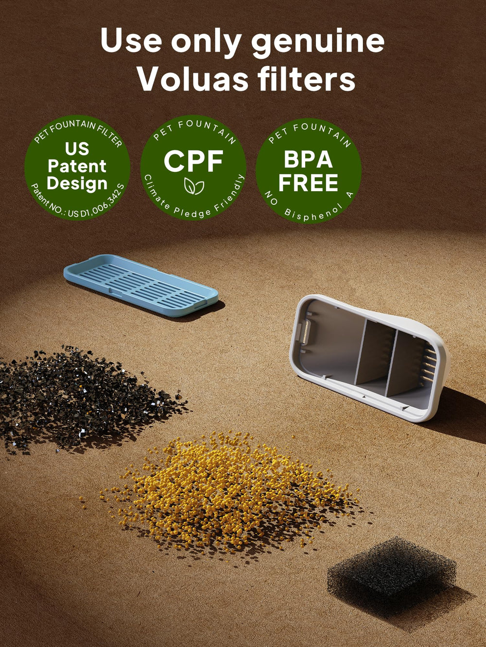 Voluas fountain water flow close-up reveals multi-layer filtration for clear, fresh water.