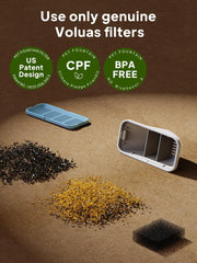 Voluas fountain water flow close-up reveals multi-layer filtration for clear, fresh water.