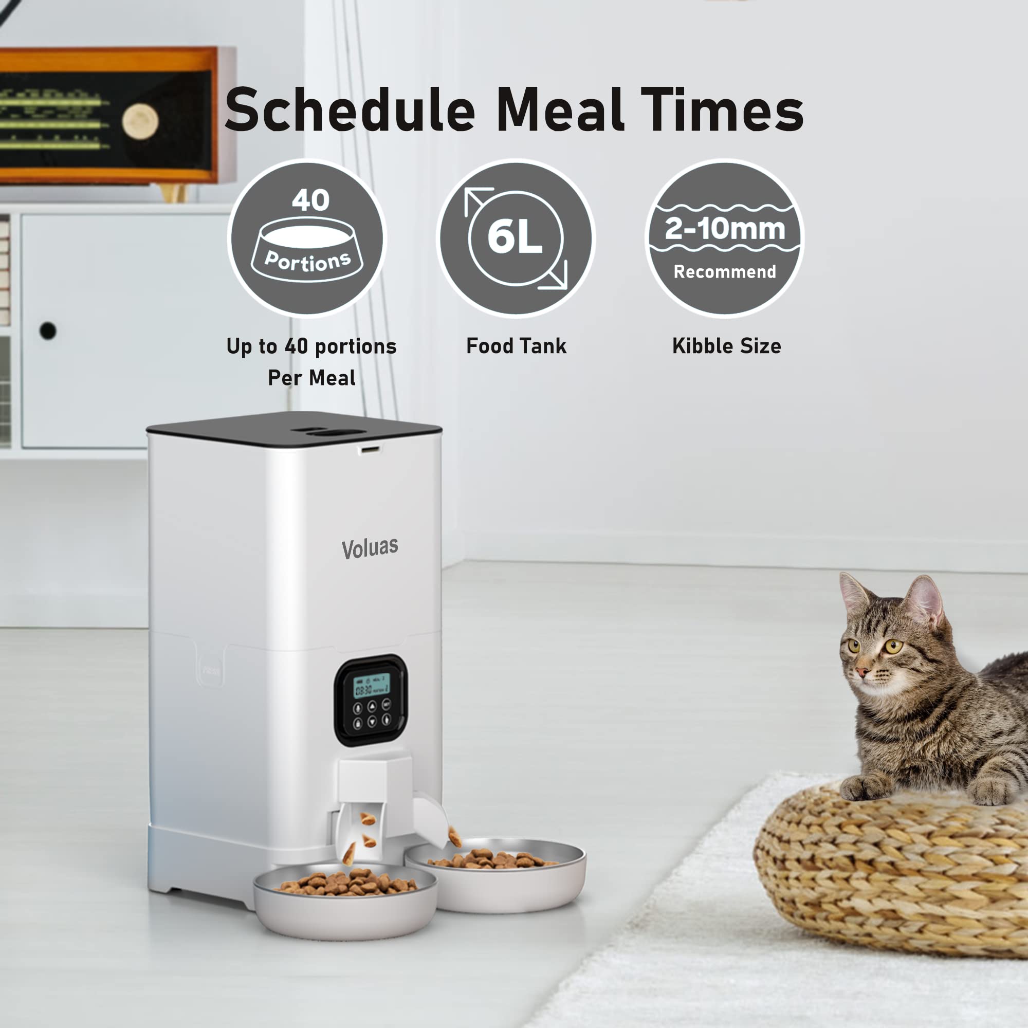 Voluas timed cat feeder showing memory function to preserve schedules during outages.