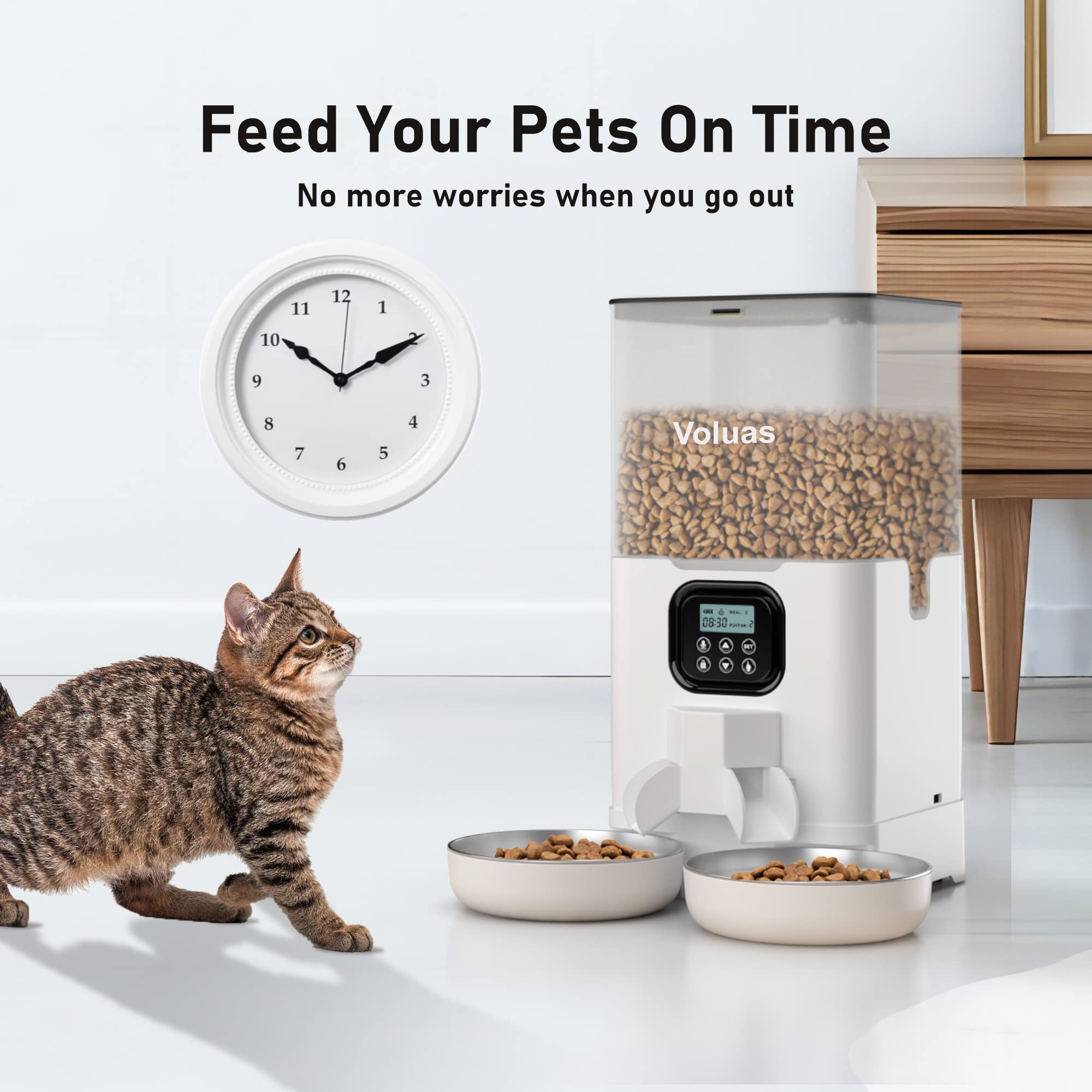 Voluas two-bowls-in-use setup demonstrating synchronized meals for pets.