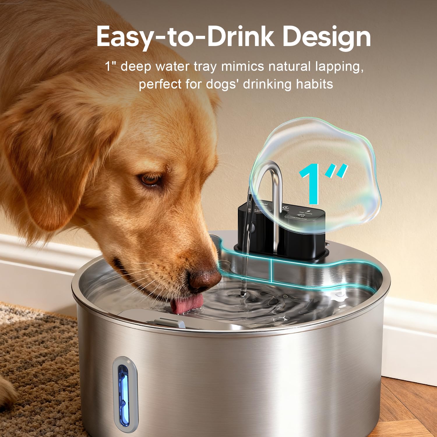 Voluas water fountain indoors shows flexible placement for pets.