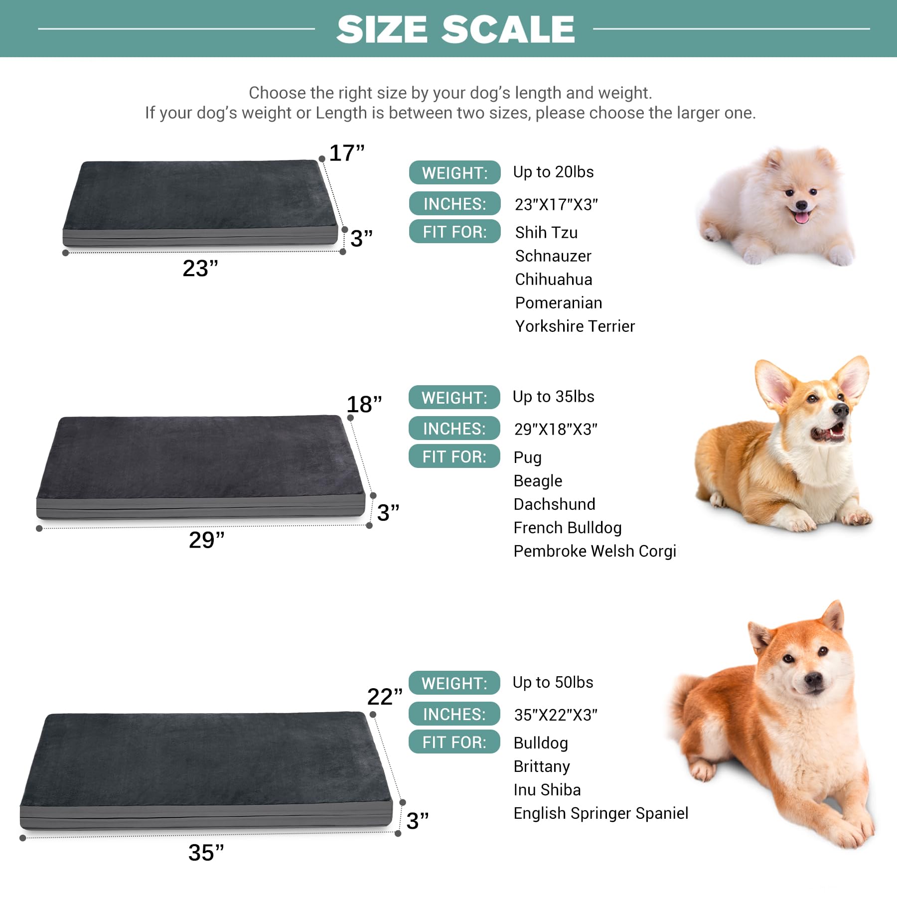 Vonabem dog bed 24inch size chart shows options for small breeds up to 20lbs.