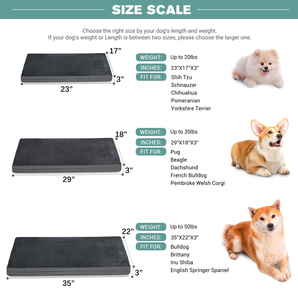 Vonabem dog bed 24inch size chart shows options for small breeds up to 20lbs.