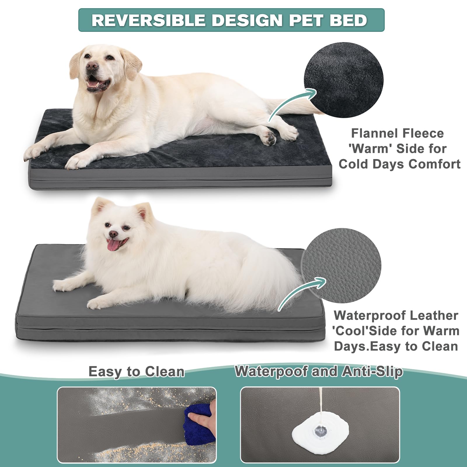 Vonabem dog bed reversible fabric closeup highlights soft flannel and cooling faux leather.
