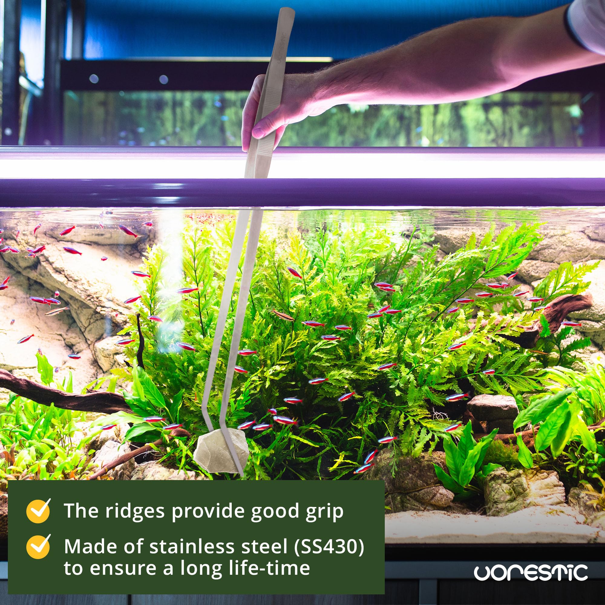 VORESTIC aquascaping tweezers help plant placement with control.