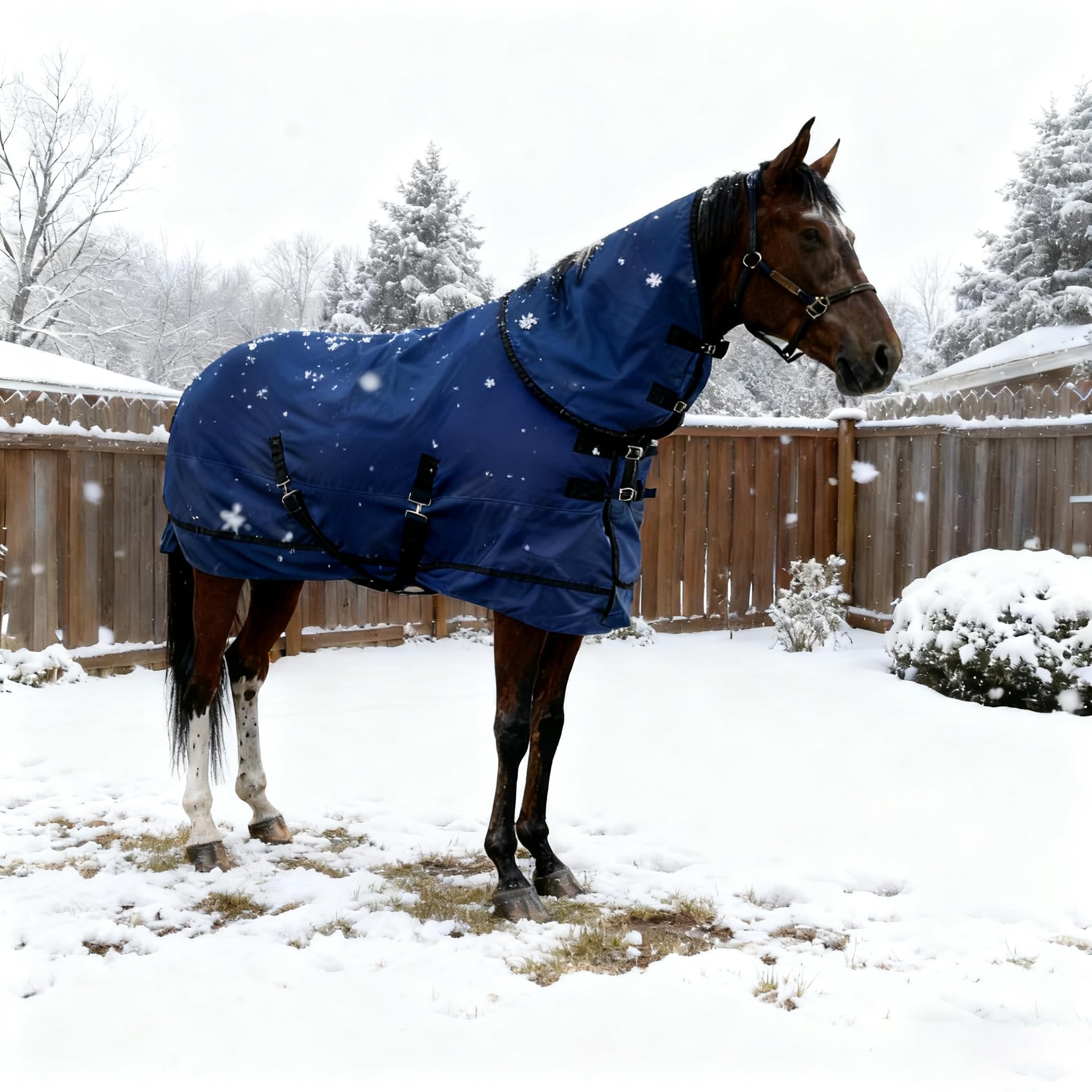 Vortexain blue turnout blanket on horse showcases vibrant color.