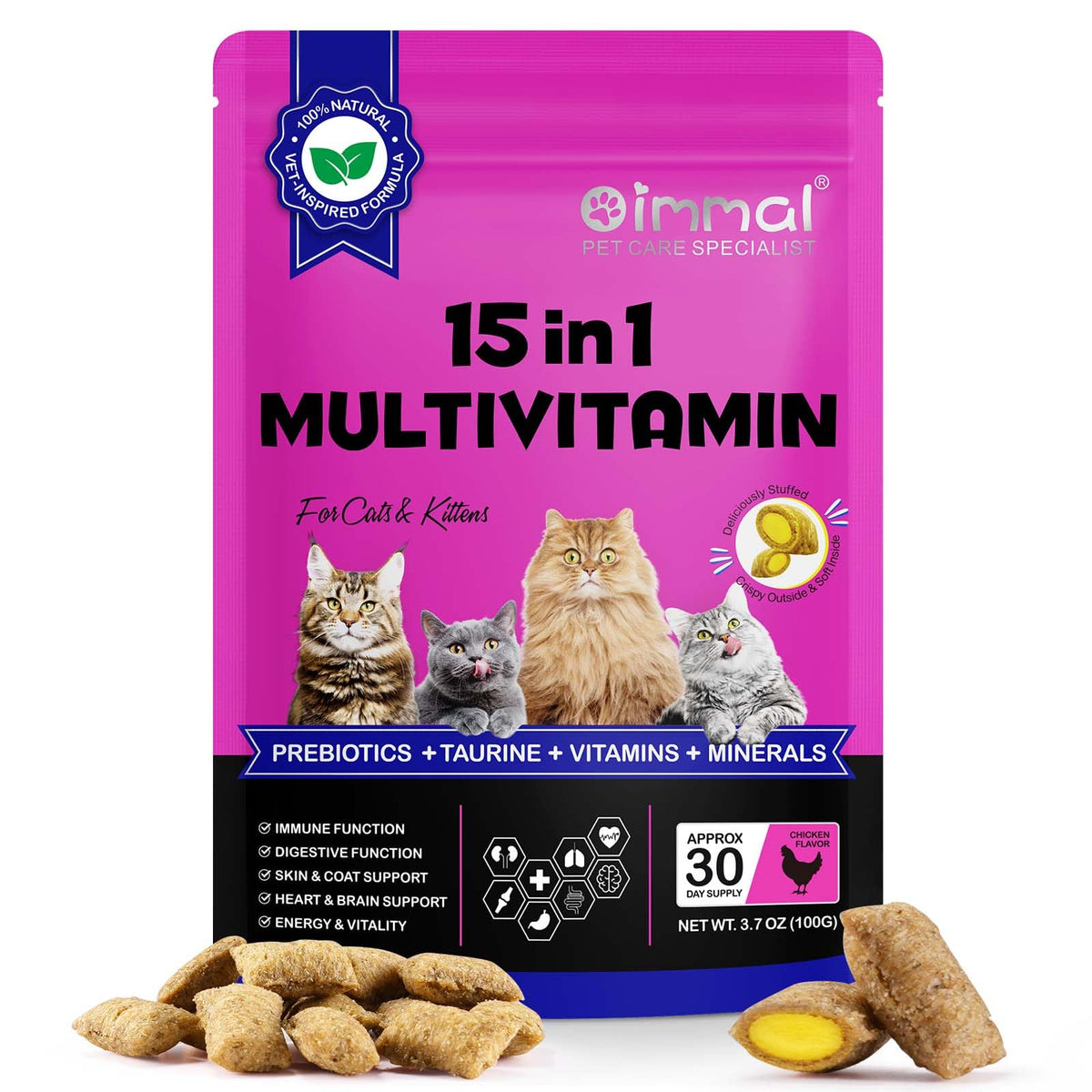 VOSIFSDIY cat vitamins treats packaging highlights 15-in-1 formula for daily wellness.