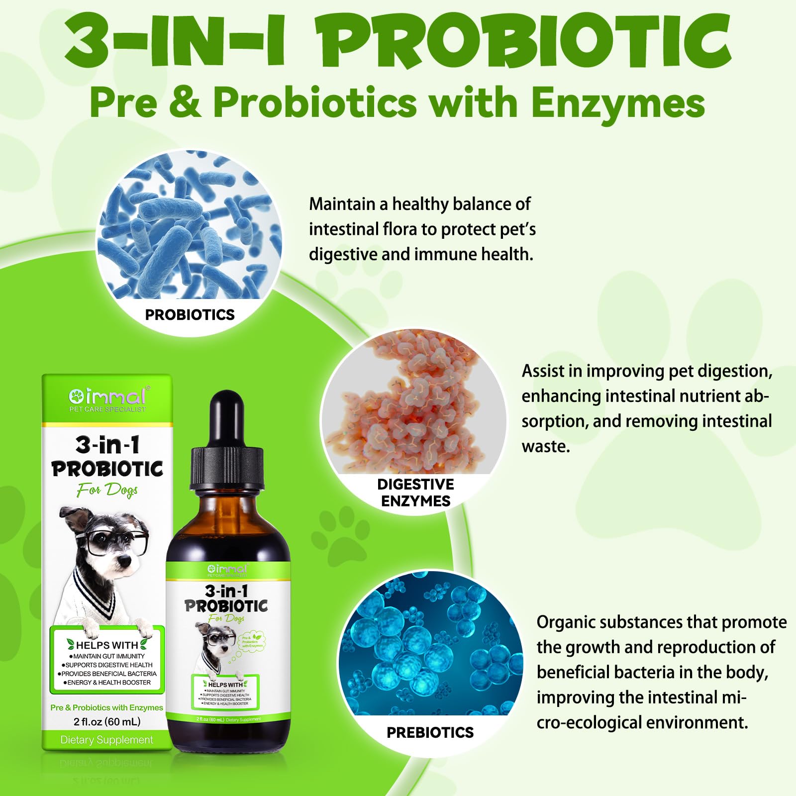 VOSIFSDIY Dog Probiotic ingredient icons highlight wholesome gluten-free formulation
