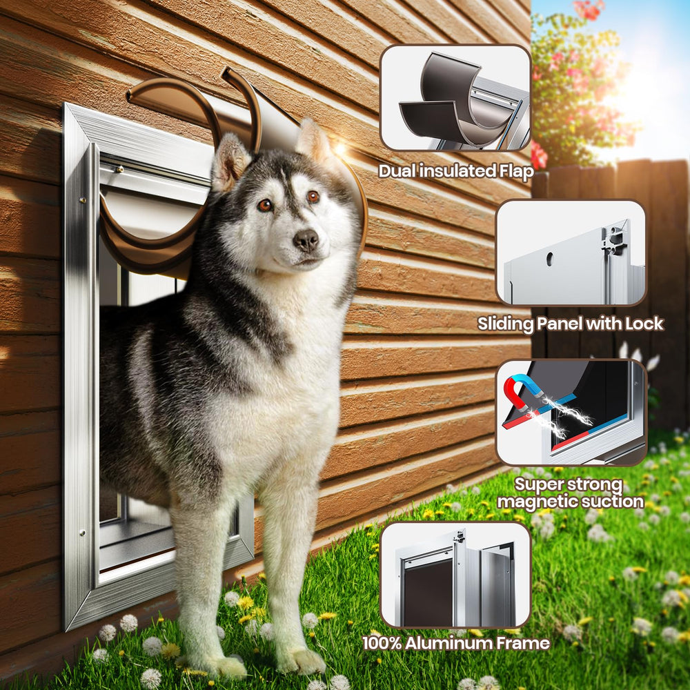 VOSOIR dog door flap and panel emphasizes secure magnetic closures.