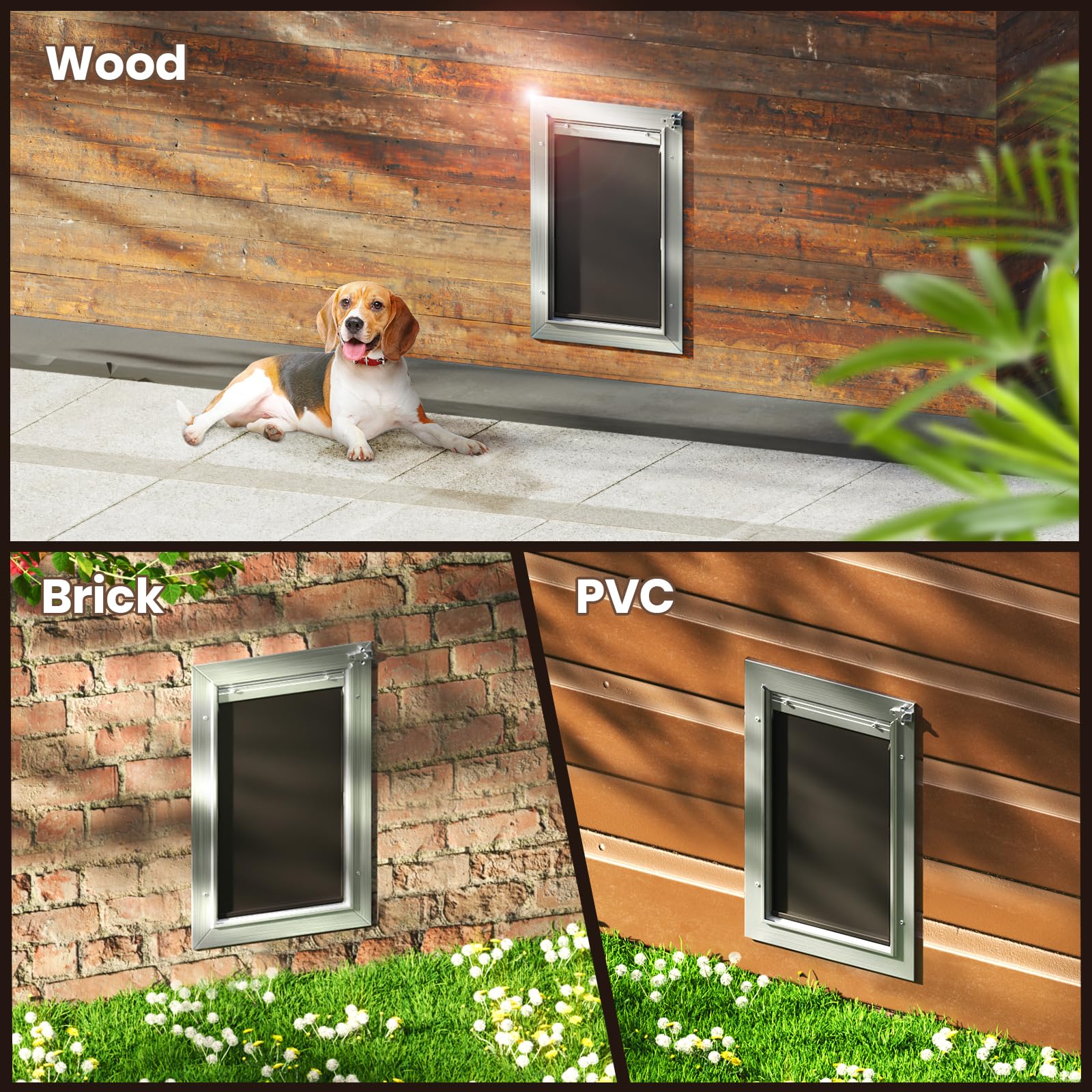 VOSOIR dog door flap opening shows 8.9 by 15 inches for medium-sized pets up to 45 lb