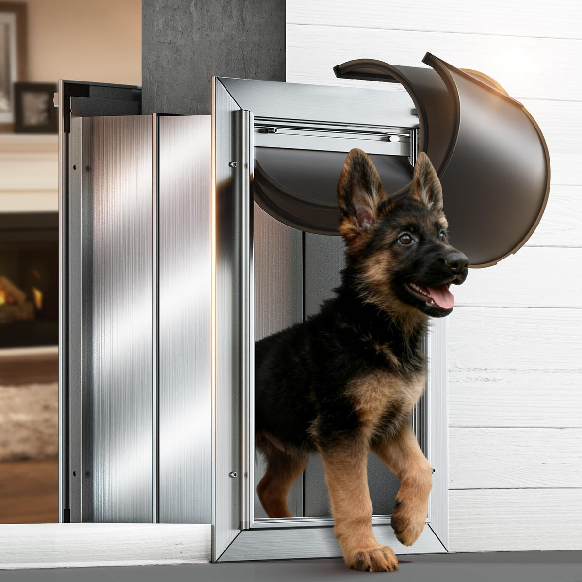 VOSOIR dog door wall-frame detail showing all-aluminum durability for long-lasting use