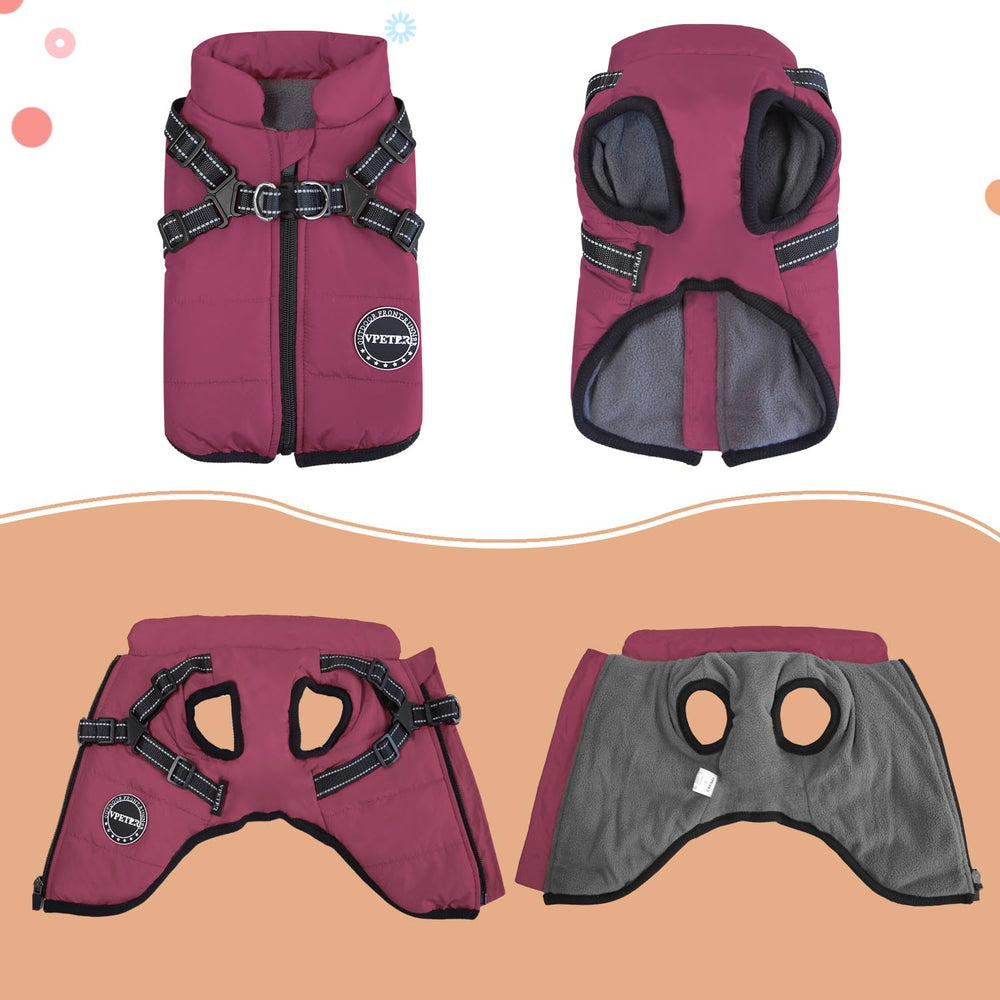 V.PET.B.R dog winter coat harness close-up demonstrates built-in cross-over harness