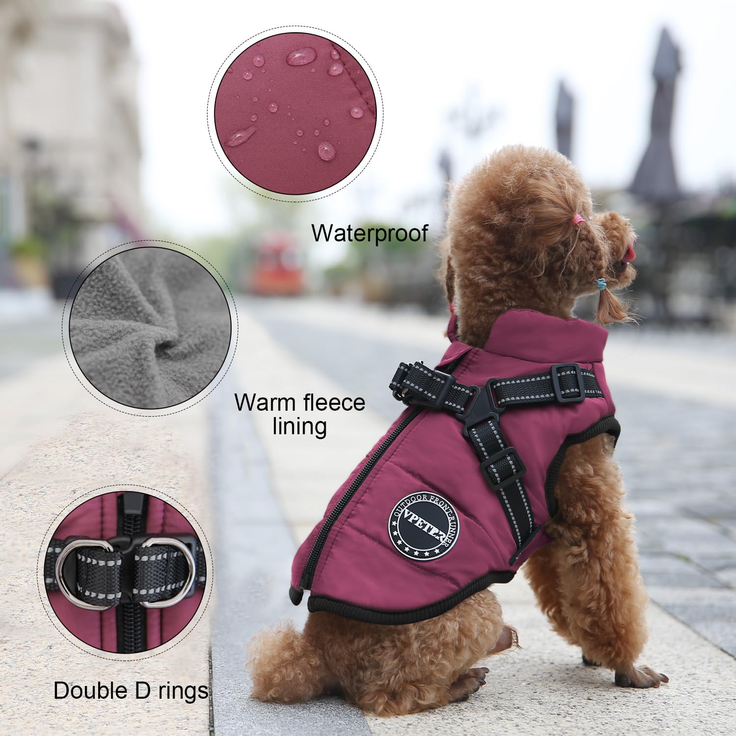 V.PET.B.R dog winter coat zipper-back illustrates easy on/off design