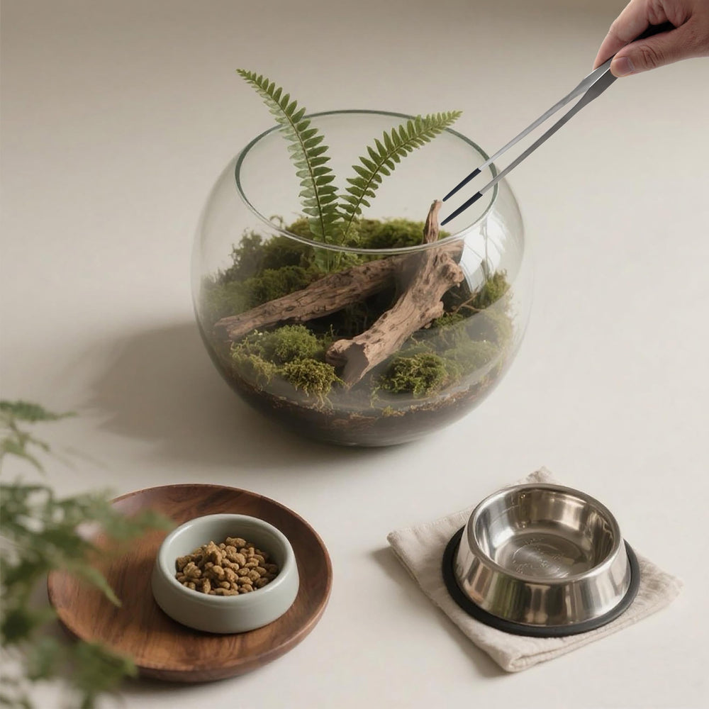 VryaSang tongs with curved tips reaching tight terrarium corners.