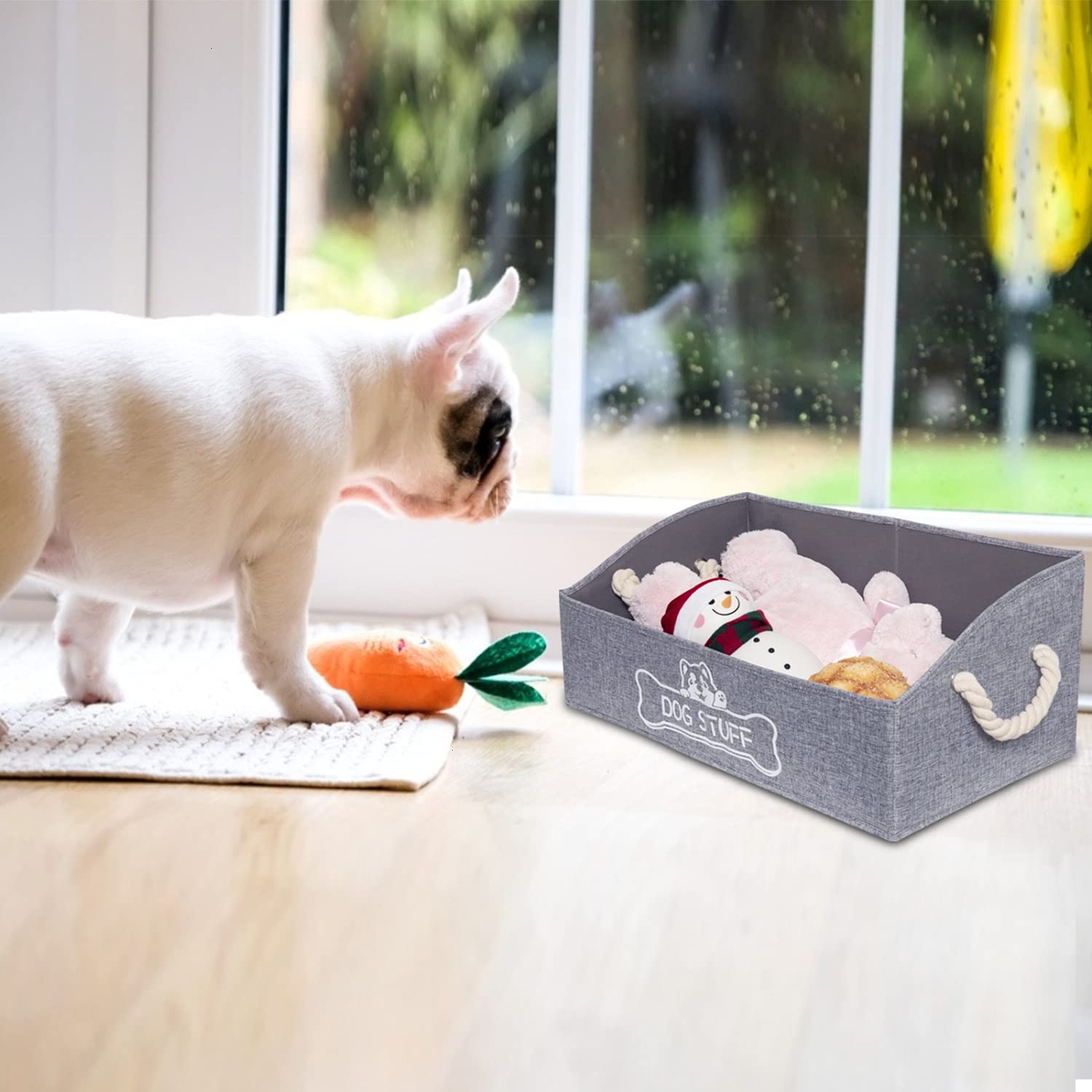 Vumdua dog toy box in living room blends into decor while organizing toys.