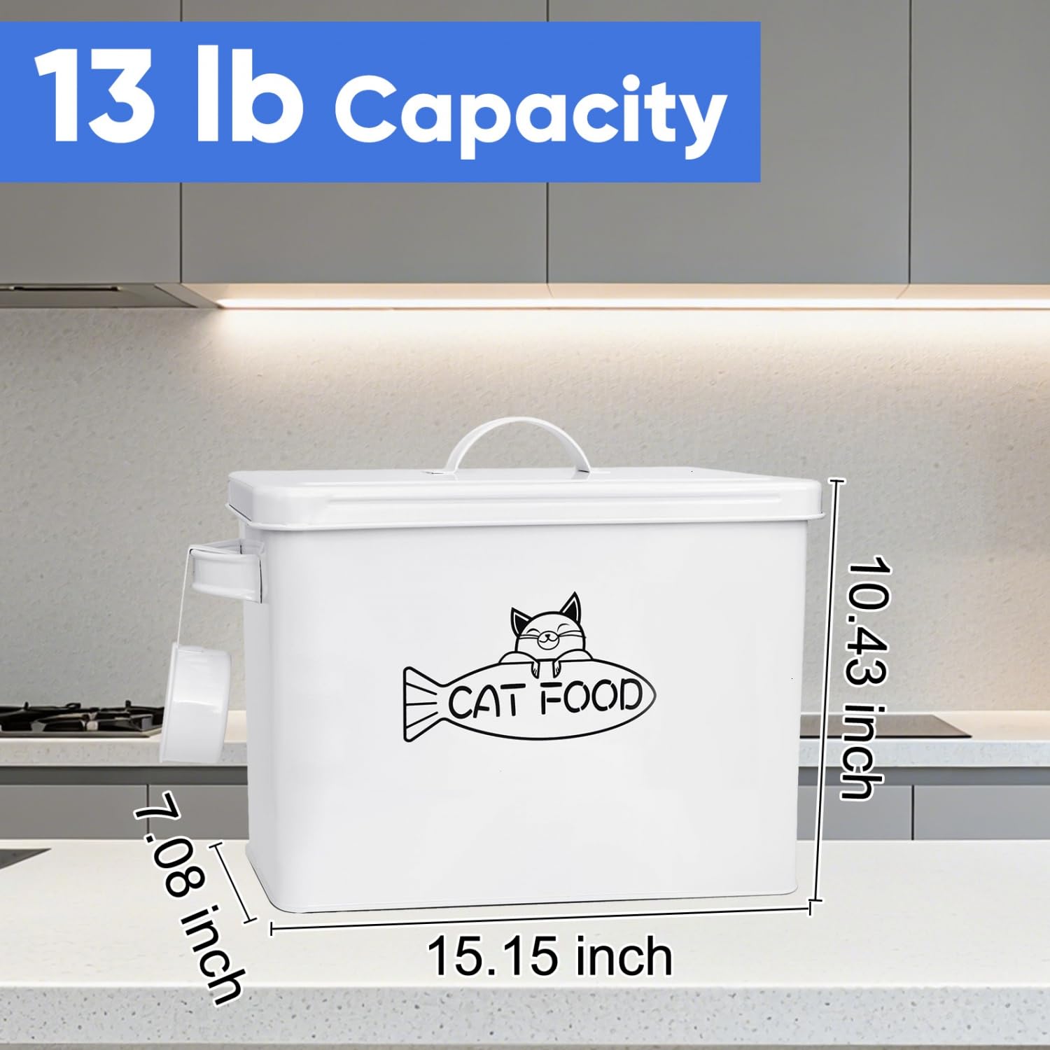 Vumdua pet food storage on counter in farmhouse-style kitchen for tidy setup.