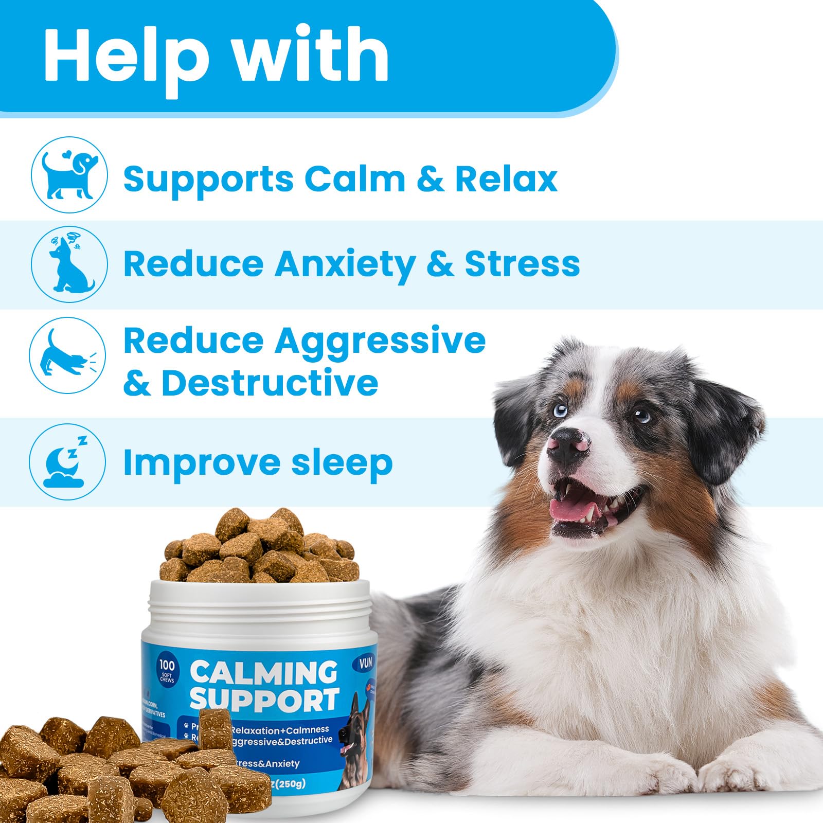VUN Calming Chews dog eating in a calm moment.