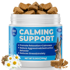 VUN Calming Chews packaging highlights anxiety support for dogs.