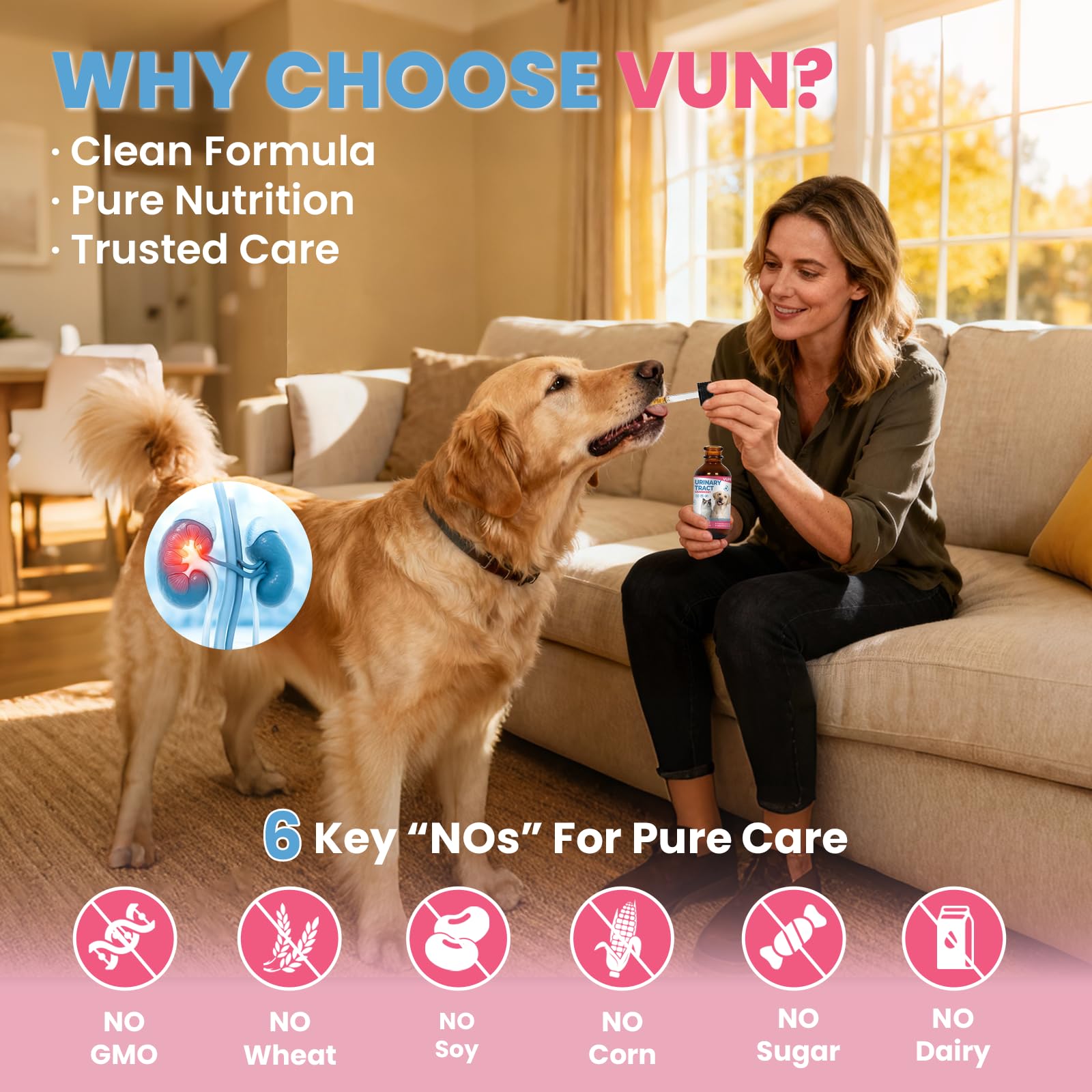 VUN cranberry extract visual highlights urinary tract health support.