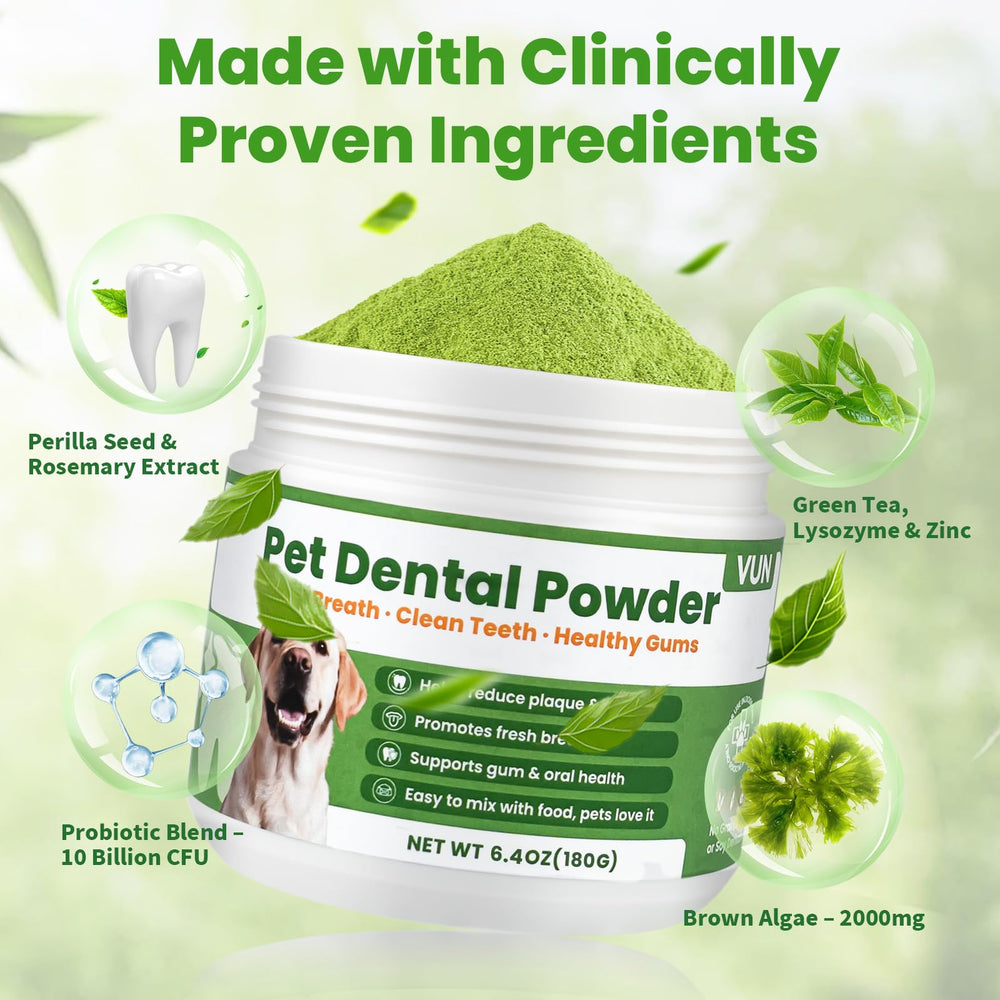 VUN Dog Dental Powder sprinkled on kibble for easy dosing