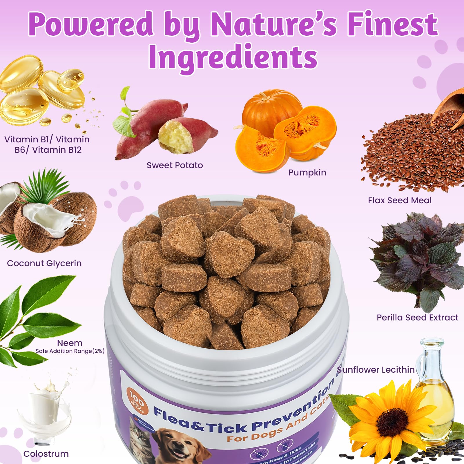 VUN Dog Flea Tick Chews bottle with 100-count count for long-term protection.