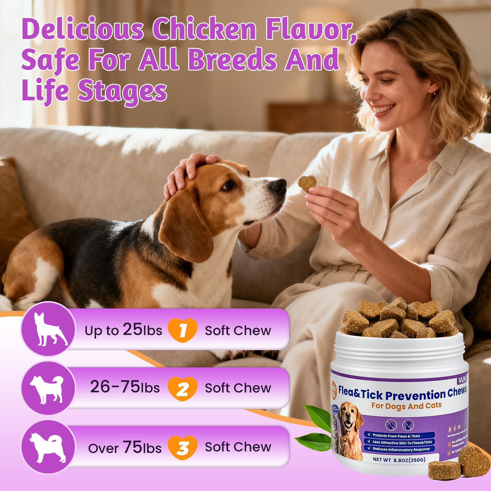 VUN Dog Flea Tick Chews suitable for both small and large dogs.