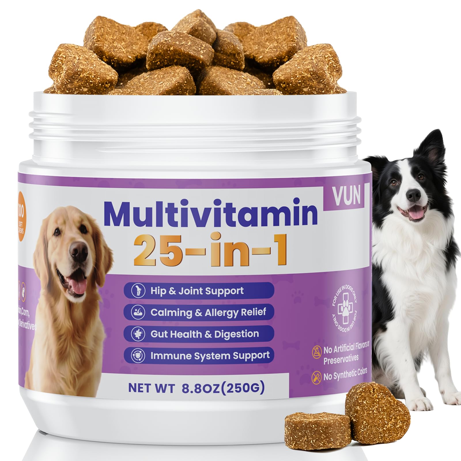 VUN dog multivitamin bottle pouring supports daily wellness.